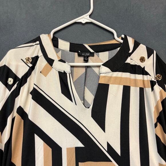 AUW Plus Size 1X Geometric Print Stretch Blouse Gold Button Shoulder Busines - Picture 3 of 9